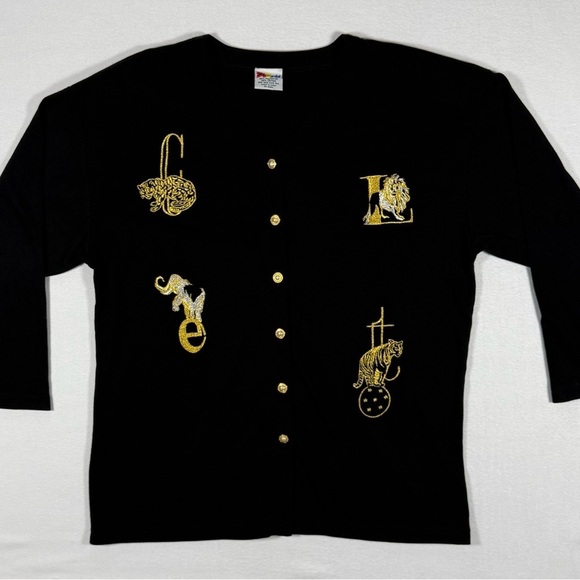 Sweaters - Vintage Black Cardigan silver Gold Embroidered zoo Animals gold‎ pearl buttons